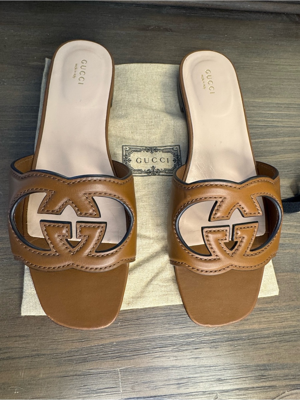 Gucci Brown Leather GG Cutout Slide Mules